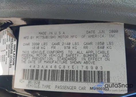 2000 Mitsubishi Galant Es z USA, uszkodzony, nr VIN 4A3AA46G8YE176903